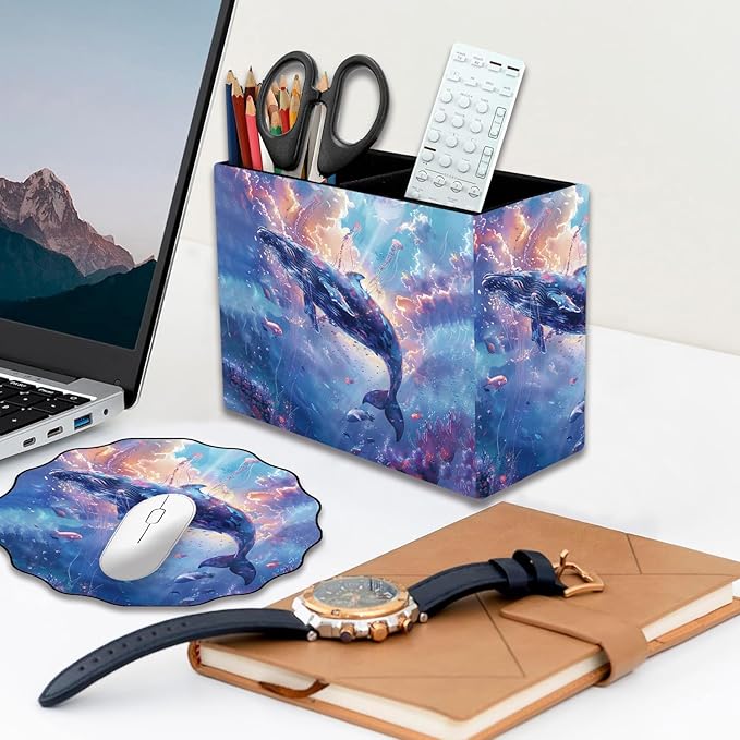Pen Holder and Anti-Slip Mouse Pad Combination, Makeup Brush Storage Box, Tableware Storage Box, Suitable for Office and Home - Sky Blue Whale
