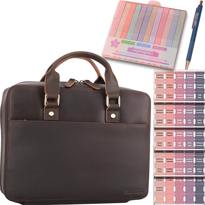 STAR VISTA Benedictus Full Grain Leather Bible Cover, Church Book Bag with Detachable Highlighter Panel, 12-Color Highlighter Set, Gel Pen & Bible Index Tabs Included