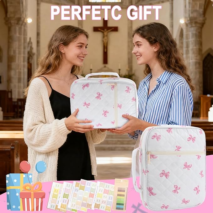 Zkptops Bible Cover Case for Women Girls Large Bible Bag Cotton Quilted Bible Carrying Case with Zipper Pocket and Handle Pink Bow Christian Carrying Book Cover for Christian Study Supplies Gift