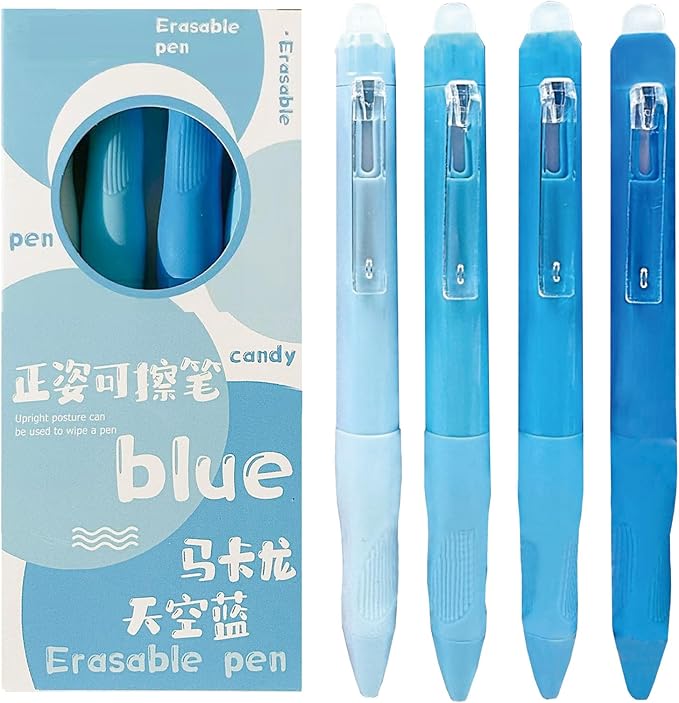 MOZXIRZ 4 Pcs Cute Erasable Gel Pens Erasable Retractable Gel Pens 0.5mm Black Ink Pen Aesthetic Pen for Women Girls Boys Men Office School Supplies (Blue-Black Ink)