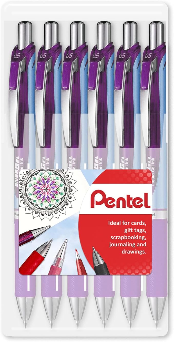 Pentel EnerGel BLN75 Retractable Gel Ink Rollerball Pen - 0.5mm Nib - Violet Ink - Pack of 6 in Clam Wallet Packaging