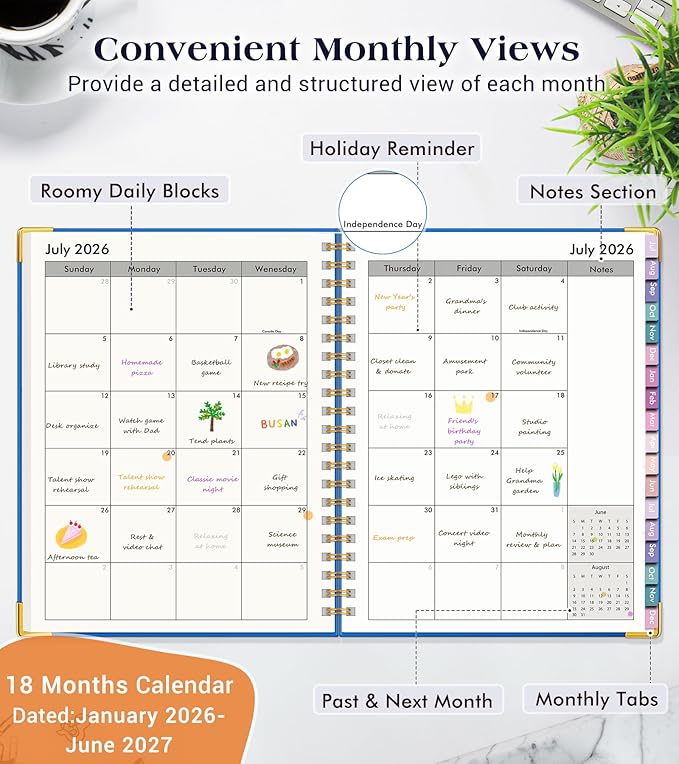 Academic Planner 2026-2027, 18 Months Weekly and Monthly Hardcover Planner, July 2026 - December 2027, 8.5" x 11" A4 Large Daily Calendar Planner Book with Tabs, Spiral College School Agenda Organizer for Student Teacher, Night Sky Blue