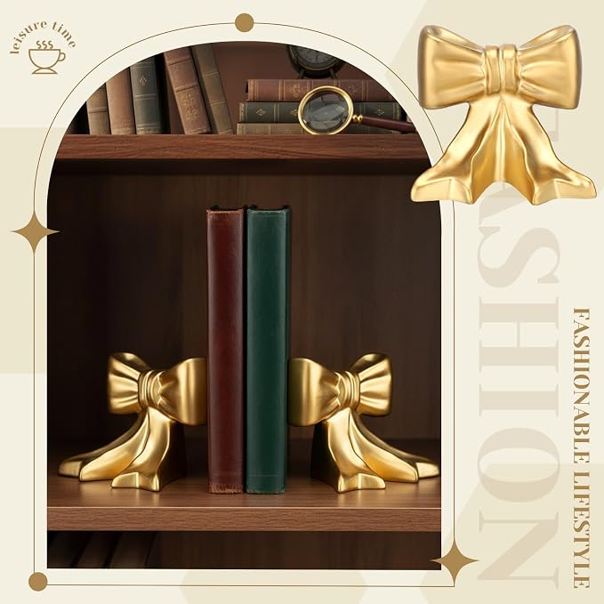 Leinuosen 2 Pcs Gold Bow Bookends Ceramic Cute Book Ends Decorative Book Stand Bow Sculpture Statues Tabletop Shelf Ornament Room Decor for Home Office School Dorm Girl Desk
