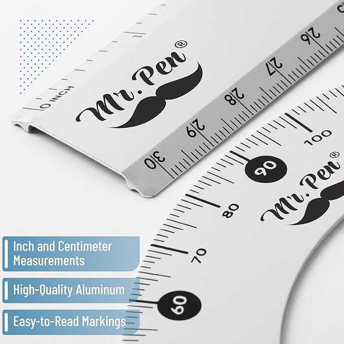 Mr. Pen- Metal Geometry Kit, 4 Pack, 45° & 30°/60° Set Squares, 6" Protractor & 12" Ruler, Durable Metal Drafting Tools for Technical Drawing, Math, Engineering & Architecture