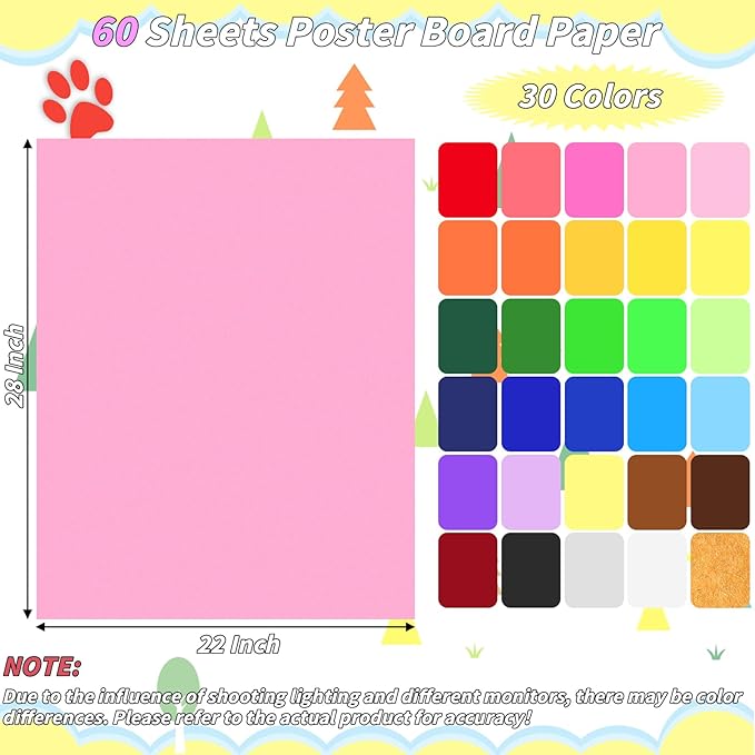 60 Pack Large Poster Board 30 Assorted Color Colored Posterboard Paper Bulk 22 x 28 in 250 GSM Thickness Cardstock Blank Vision Boards for School Drawing Craft Projects DIY Party Display Supplies