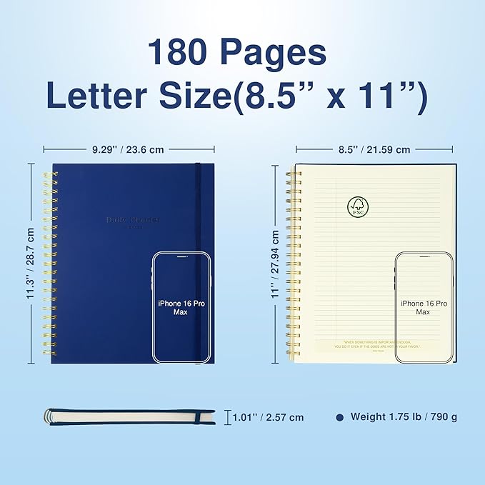 AuroPlanner Undated Daily Planner To Do List Hourly Schedule 2027 2026 2025 Calendar & Holiday Habit Tracker 180 Pages Letter Size 8.5" x 11" Sheets Hardcover Spiral Bound Notebook (Navy Blue)