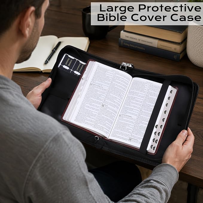 XKDOUS Bible Bag with Cross Design for Men Leather Bible Cover Church Book Holder Organizer Large Carrying Case with Pens, Tabs, Study Supplies Father Day Christian Gifts for Dad, Mom, Women, Lady