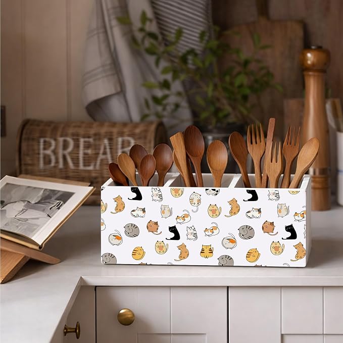 Cartoon Cat Pattern Wooden Desk Organizer | Cute Cat Pen Pencil Holder, 3-Compartment Decorative Office Supply Storage Box for Desk, Home Office, Cat Lover Decor