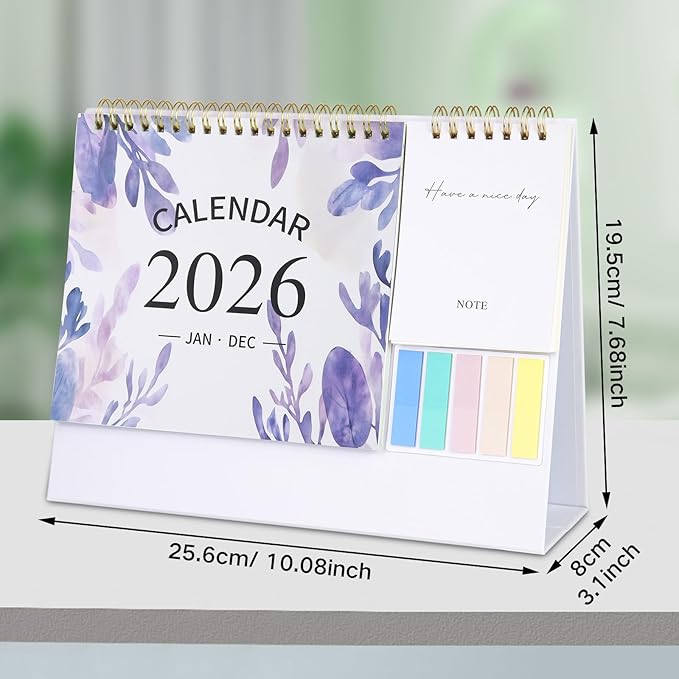 Desk Calendar 2026 Small Flip Calendar Standing Office Desktop - From Jan to Dec 2026, Small Desktop Monthly Calendar 2026 with Writing Notepads and Sticky Notes for Office Home, Purple