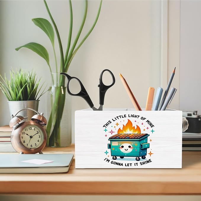 Funny Dumpster Fire Pen Holder for Desk, This Little Light of Mine Dumpster Fire Wooden Box Sign Desk Decor for Office Decoration, Humorous Pencil Organizer, Funny Coworker Gifts