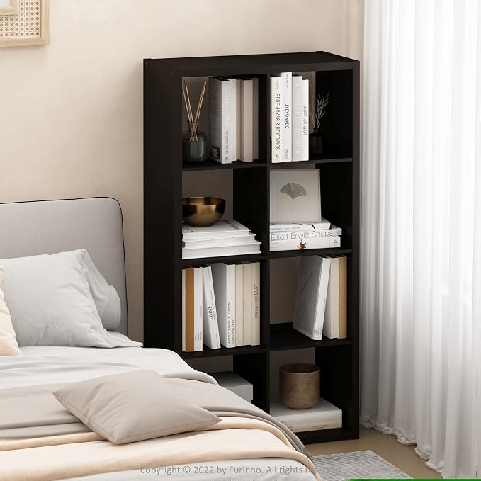 Furinno CUBICLE Book Shelf, 8-Cube Bookshelf, Extra Thick Frame Horizontally & Vertically Reversible Bookcase with Open Back, 14.6" x 30" x 58", for Living Room, Bedroom, Home Office, Black Dark Oak