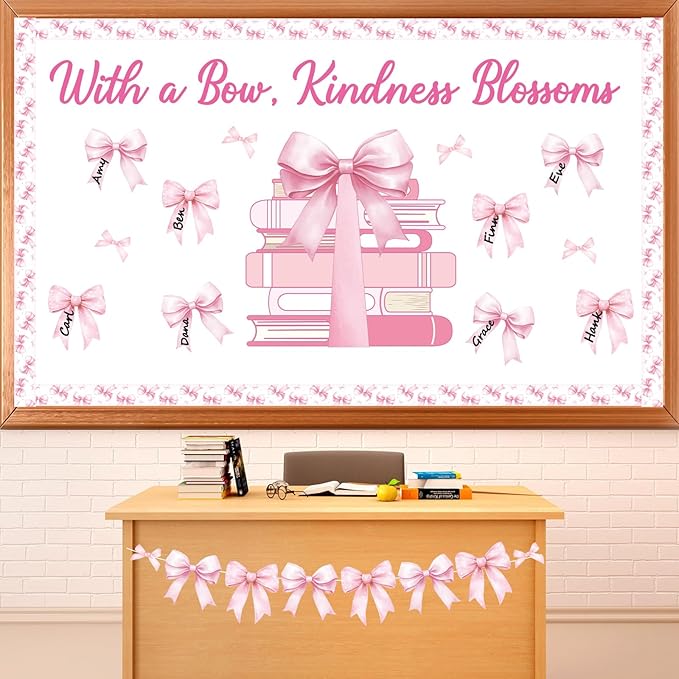 Pink Bow Bulletin Board Set Motivational Kindness Classroom Bulletin Board Decorations Bow Reading Book Cutouts Border Classroom Decorations for Back to School Office Home Chalkboard Decor Wall Door
