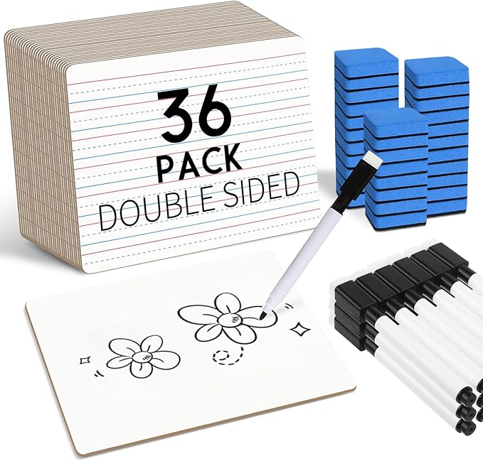 JarThenaAMCS Dry Erase Lapboards 36 Pack Double-Sided 9"x12" Small Lined Whiteboards with 36 Erasers and 36 Markers Mini Portable Drawing Learning Boards for Students Education Teacher Classroom