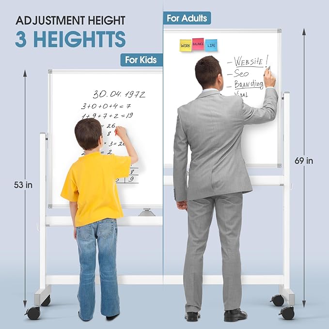 MaxGear Rolling Whiteboard, 48x32 Mobile White Board on Wheels, Double-Sided Magnetic Dry Erase Board with Stand, Adjustable Height Large Whiteboard for Home, School & Office, White