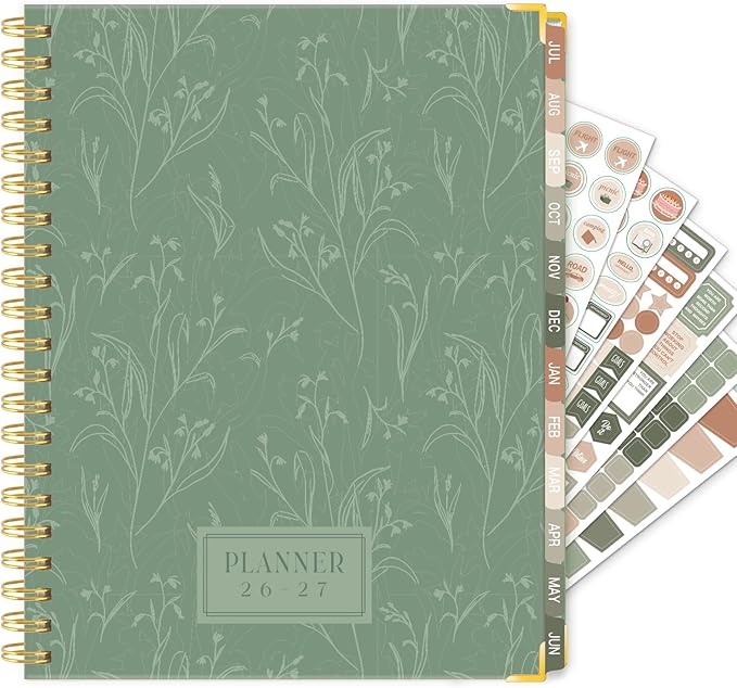GuassLee 2026-2027 Academic Planner, Weekly and Monthly Planner from July 2026-June 2027, 8.4"x 6.1" Aesthetic Greenery Agenda Book with Back Pocket, Stickers, Coated Tabs, A5 Size