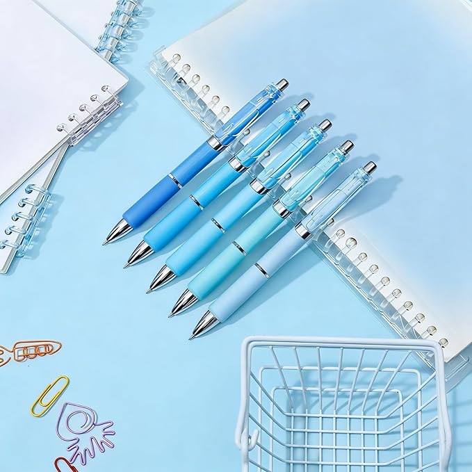 Temiary 5 Pcs Retractable Gel Pens, 0.5 mm Black Ink Fine Point Quick Dry Gel Ink Pen, Aesthetic Smooth Writing for School Office Journaling Note Taking and Sketching (Blue)