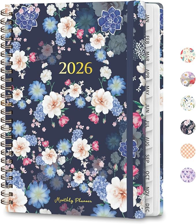 2026 Planner, Weekly and Monthly Calendar Planner, Academic Daily Agenda (Jan 2026 - Dec 2026), Hardcover Planning Notebook for Office Accessories and School Supplies, Blue Flower