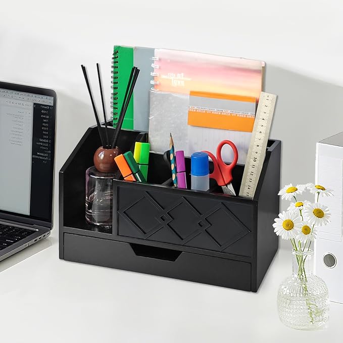 Black Wooden Mail Organizer with Drawer, Three Tiered Desk Accessories for Office Organization and Storage, Stylish Countertop Document Storage, Home/Office/Classroom Supplies (Black02)