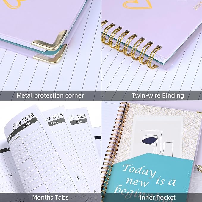 2026 Planner, Jan.2026 - Dec.2026 Weekly Monthly Planner 6.25"x8.5" with Page Tabs, Calendar Hardcover with Inner Pocket, Elastic Band, Twin-Wire Binding, Bookmark, Purple Love Heart