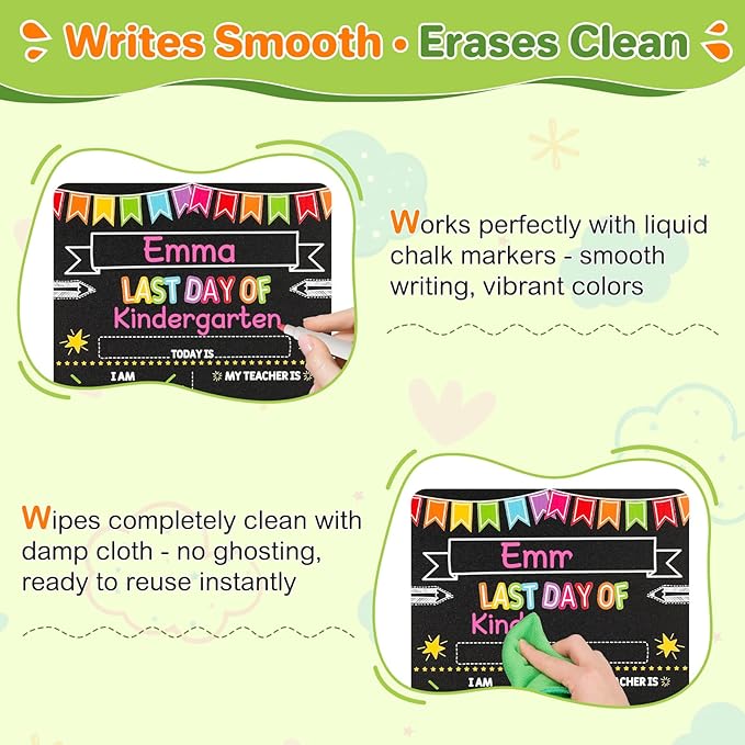 First and Last Day of School Sign - 11x14 Double-Sided Non-Glare Chalkboard with 7 Chalk Markers - Photo Prop Keepsake Gift for Kids Preschool Kindergarten 1st-12th Grade Back to School