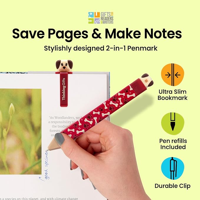 Gifts for Readers & Writers Pen Bookmark, Page Marker & Flat Writing Pen for Journal Notebook & Planner, Penmark Reading Accessory for Making Book Annotations (Puppy)