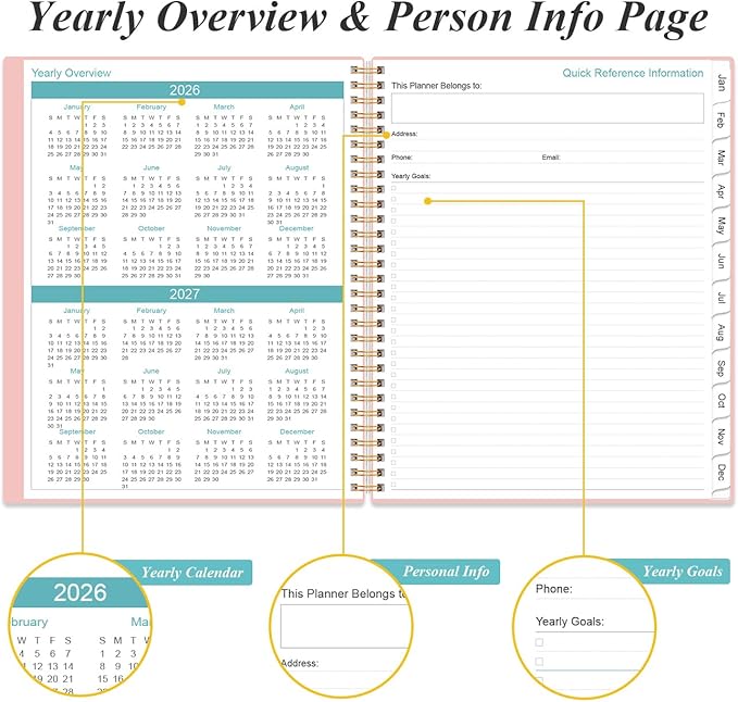 2026-2027 Planner - 8.5" x 11" Weekly Monthly Planner from July 2026 to June 2027 with 12 Monthly Tabs, Inner Pocket, Elastic Closure, Pink