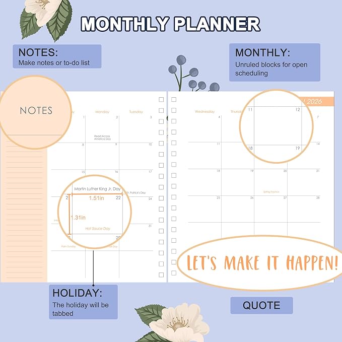 CAGIE 2026 Planner Weekly and Monthly Dec 2025–Dec 2026 Hardcover Planner with Pockets, 13 Month Large Blue Flowers Calendar Planner with Stickers Tabs, Spiral Bound Yearly Calendar Planner for Women, 8.3" x 9.3"