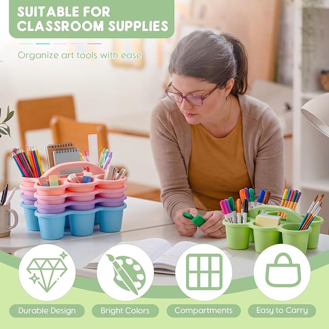 5 Pack 6 Compartment Classroom Caddy 12 x 9 x 5 Inches Macaron Classroom Caddy Organizer with Handle Plastic Table Caddys for Table Crayon Pencil Cup Marker Craft Art Office Desk