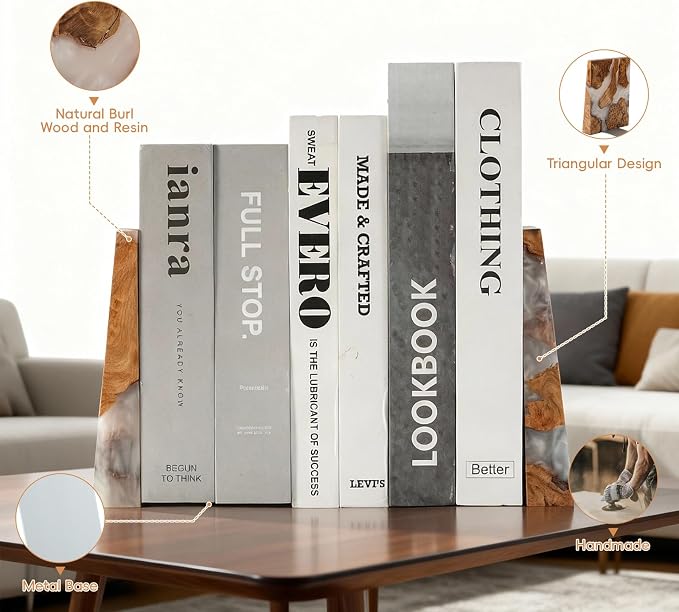 Resin Bookends Large Heavy Duty Bookends for Shelves, Unique Burl Wood Figure Book Ends for Study Office, Fancy Modern Decorative Book Supports for Bookshelf Organization (Pearlescent White)