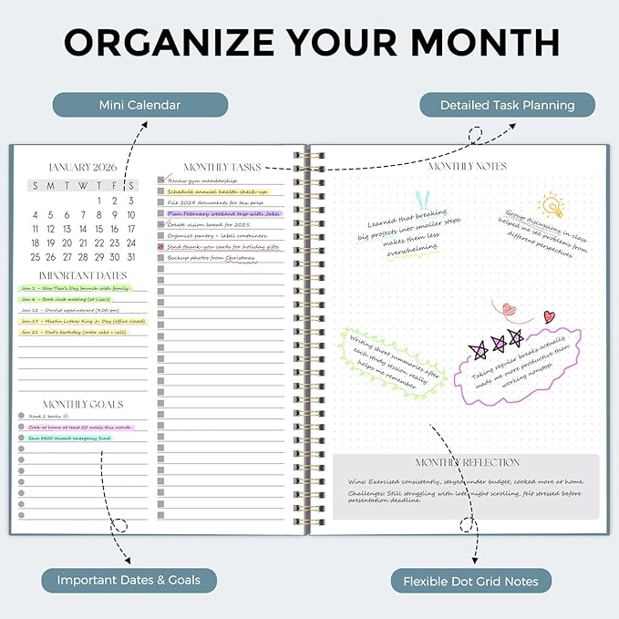 SKYDUE Monthly Planner 2026-2027, 24 Months Calendar Planner 2026-2027, 7.5" x 10" B5 Planner, Twin-wire Spiral Bound, Durable Waterproof Cover, Thick No-Bleed Paper, Blue