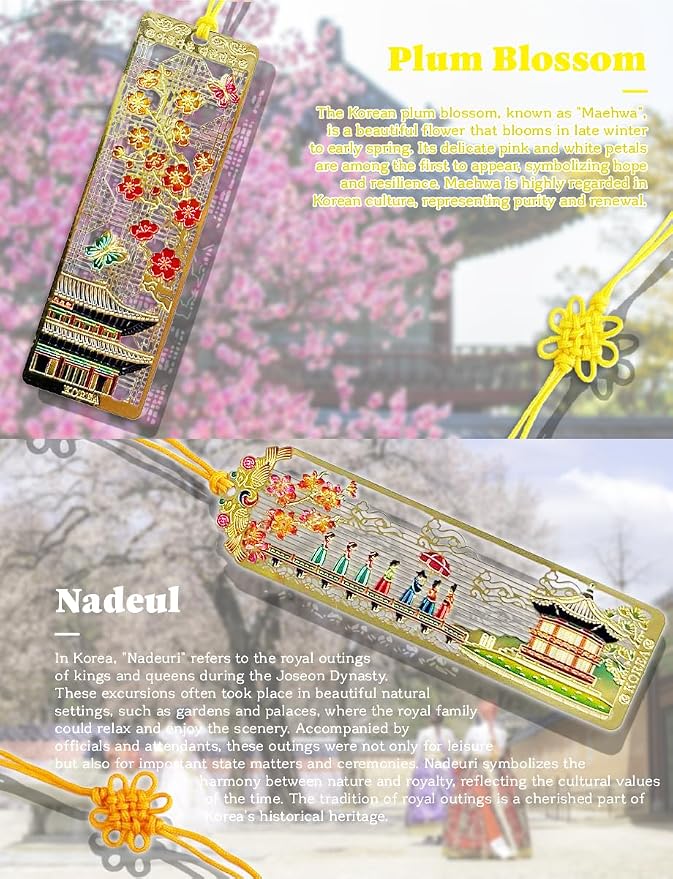 4 Pieces Metal Bookmark (Peony, Ten Symbols of Longevity, Nadeul, Plum Blossom) + 4 Envelopes - Korean Traditional Bookmark 책갈피 목단, 십장생, 나들이, 궁궐매화