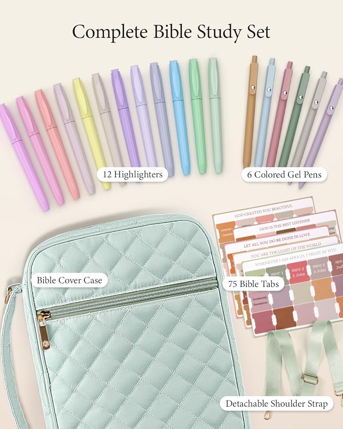 BellaHold Bible Cover Case for Women, Large Bible Bag with Detachable Strap & Bible Study Supplies, 12 Highlighters, 6 Colored Gel Pens & 75 Bible Tabs, Christian Gifts for Women (Sage Green)