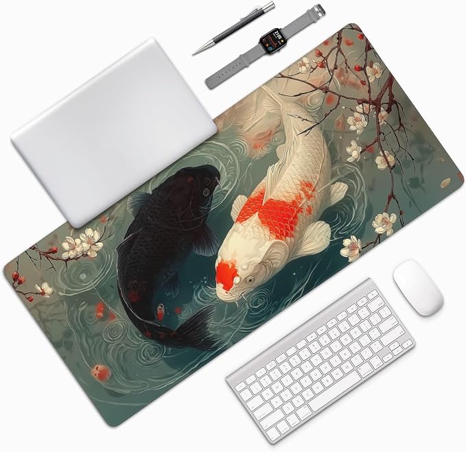 Large Koi Fish Mouse Pad 35.4 x 15.7 Inch, Extended Japanese Art Desk Mat, Non-Slip Rubber Base, Washable Surface, Perfect for Gaming, Work & Aesthetic Desk Setup