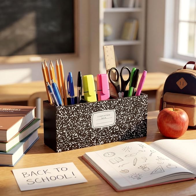 Feifeiya Composition Notebook Pen Holder for Desk Wooden Teacher Desk Organizer Back to School Decor Teacher Appreciation Gifts Pencil Holder for Home Office School Tabletop Shelf Decoration