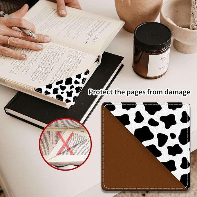 Cute Leather Bookmarks, Fun Triangle Making Corner Bookmark, Book Accessories for Reading Book Lovers, Unbreakable Page Markers for Women Men Black White Cow Print