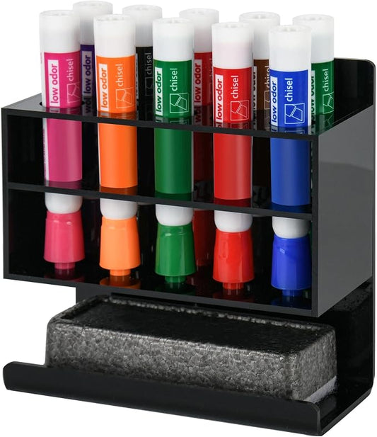 Dry Erase Marker Holder, Wall Mounted Acrylic Marker Holder with 10 Slots, Sticky Pen Storage for Classroom Organization, Office, Whiteboard, Desk Locker Organizer Accessories, Black