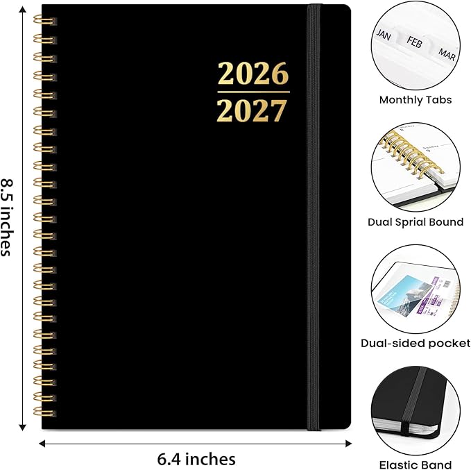 Academic Planner 2026-2027, Weekly and Monthly Calendar Planner Book, July 2026 – June 2027, Hardcover Organizer with Tabs, Perfect for Teachers, Students, Women & Men, A5 (6.4" x 8.5") - Black