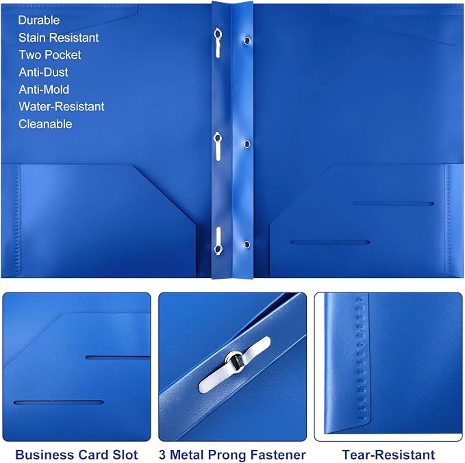 Tenceur 48 Pack Plastic Folders with 3 Prongs Bulk Heavy Duty Folders with Clear Front Pockets and Card Slots with Fasteners Fit Letter-Size Papers for Work School Office (Blue)