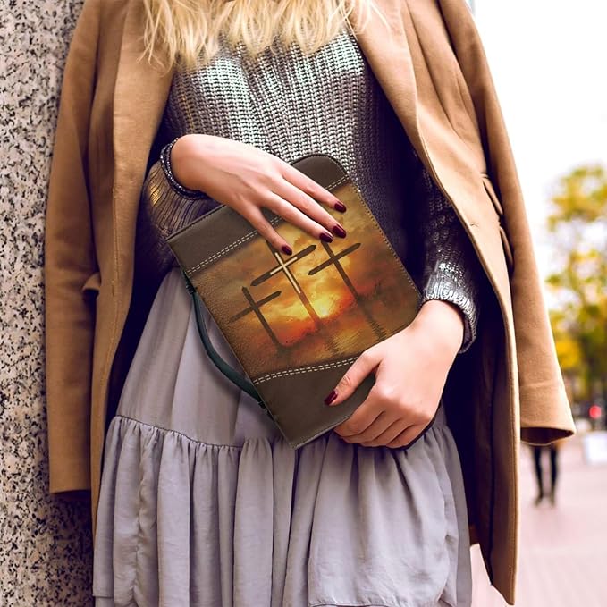 Vintage Sunrise and Cross Bible Case with Bookmark Waterproof Bible Cover Case for Women Lightweight Bible Bag with Handle Pockets Church Book Bag Brown