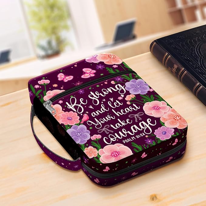 Floral Scripture Bible Cover for Women, Inspirational Bible Case with Handle and Zipper, Canvas Bible Bag Fits Standard Size Bible, Christian Gift for Girls, Faith Study