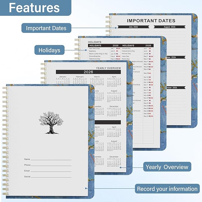 2026 Planner, Weekly and Monthly Calendar Planner for Women, 6.3" x 8.5", Jul 2026 - Jul 2027, Hardcover Planning Agenda book with Tabs, Spiral Bound, Inner Pocket, for School Office Supplies(Almond Tree)