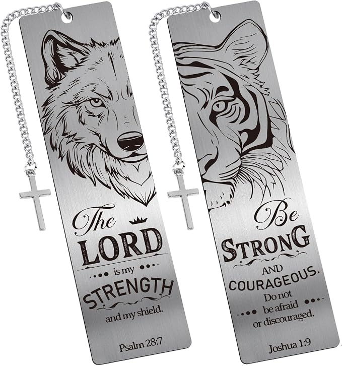 Christian Metal Bookmarks for Men - 2 Pcs Lion and Wolf Bible Verse Inspirational Gifts Book Marks Religious Cool Page Markers Reading Lovers Bookish Readers Birthday School Accessories
