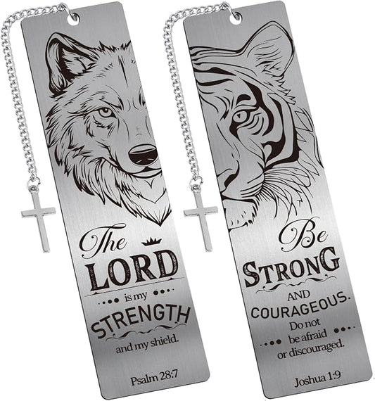 Christian Metal Bookmarks for Men - 2 Pcs Lion and Wolf Bible Verse Inspirational Gifts Book Marks Religious Cool Page Markers Reading Lovers Bookish Readers Birthday School Accessories