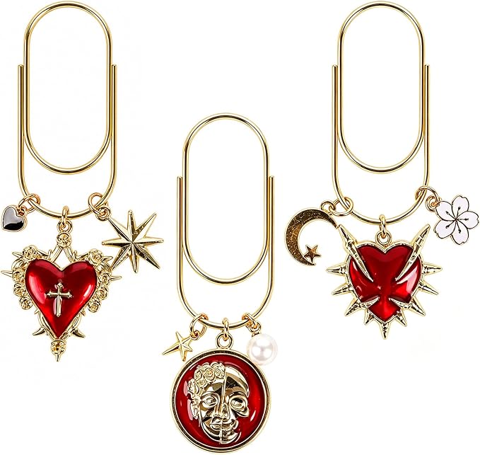 Wxiben Gothic Paper Clip Bookmark - 3 Pcs Red Heart Metal Paperclip Book Mark with Charms Page Marker Planner Decorative Paper Clips Gifts for Women Reading Book Lover School Accessories