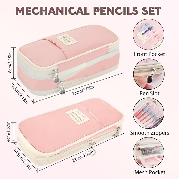65Pcs Aesthetic School Supplies with Cute Pencil Case, 12 Pastel Highlighters, 10 Black Ink Gel Pens, Mechanical Pencils, Sticky Note Ruler Correction Tape for College Essentials Stationary Gift, Pink