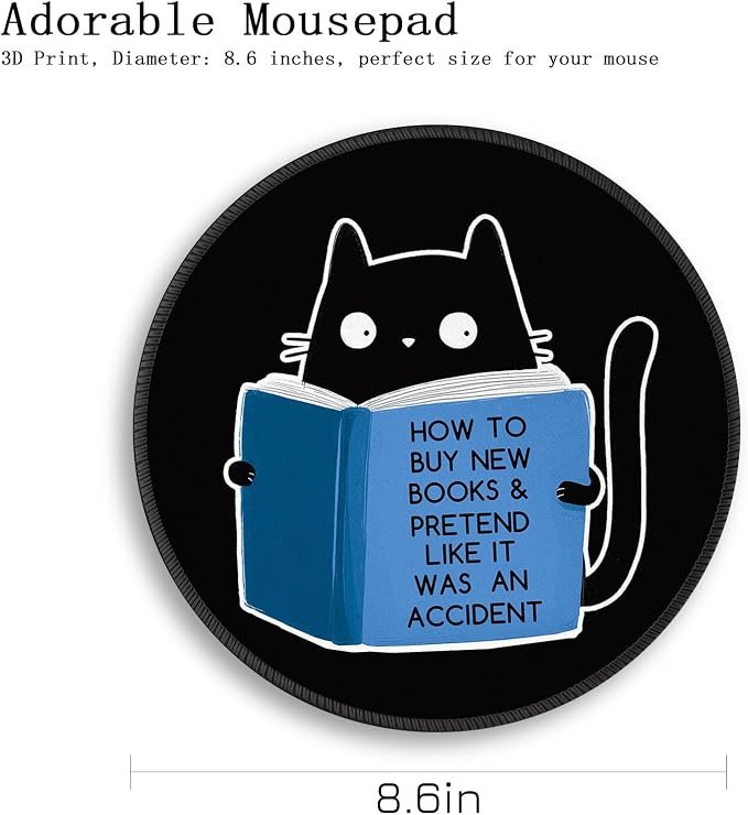 Gctriki Cute Cat Reading Mouse Pad, 8.6" Round Funny Mousepad with Stitched Edge & Non-Slip Base, Comfortable Mouse Pads for Computer Laptop, Unique Office Decor & Home Desk Accessories Book Lovers