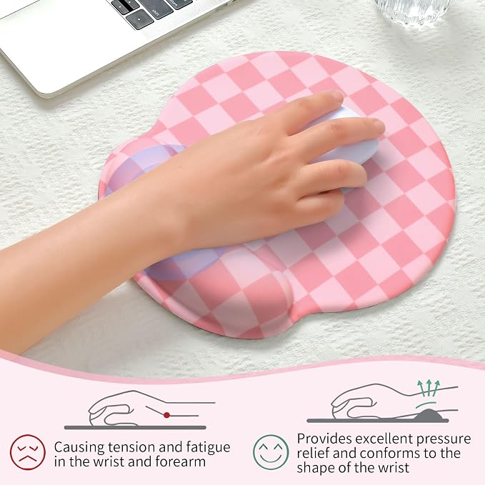 Retro Checkered Mouse Pad with Support Wrist Rest,Cute Funny Boho Ergonomic Mouse Pad with Non-Slip Base for Office Gaming Working Computers,Desk Accessories Pain Relief,Rose Pink