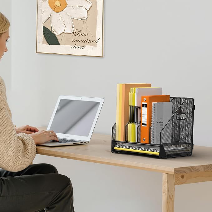 Docnest Desk File Holder Sorter, 4 Vertical Compartments Rack with Letter Tray, Mesh Magazine File Holder with Handle,Workspace Organizers,Desk Organizers for Paper, Mail, Documents-Black