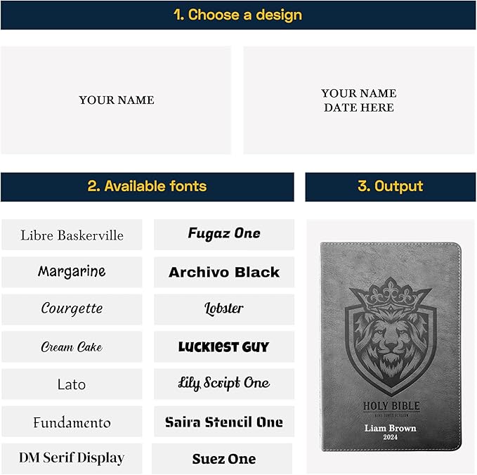 Custom KJV Holy Bible with Personalized Name Silver Imprint | Gray Faux Leather King James Version | Lion Emblem Cover | Silver Gilded Pages | Gift Bible for Religious Occasions | Small 8pt Text