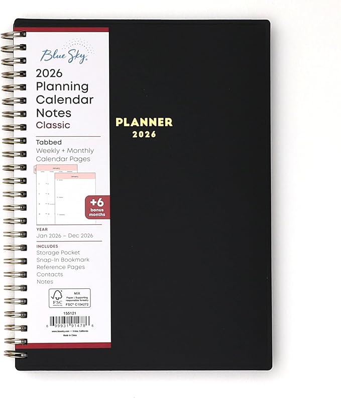 Blue Sky 2026 Weekly and Monthly Planner Calendar, January 2026 - December 2026, 5.875” x 8.625”, Flexible Cover, Storage Pocket, Ruler, Colorful Interior, Includes Extra 30 Sheets of Notes, Black